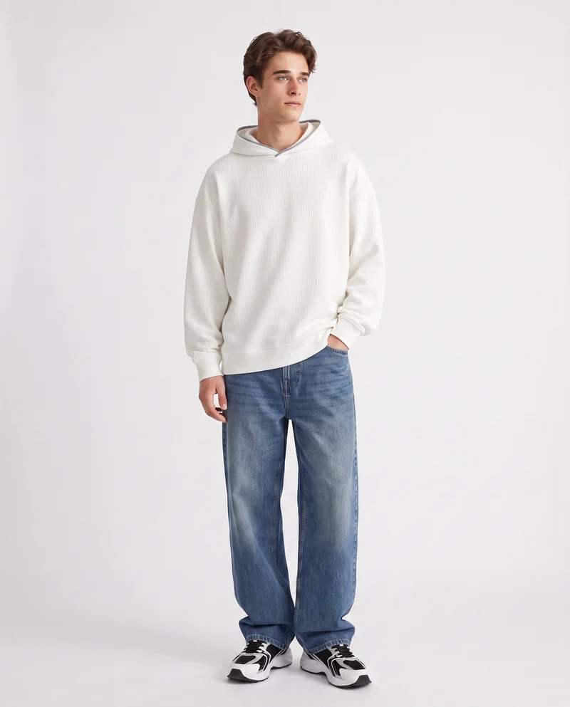 Felpa Jacquard con Cappuccio e Stampa - Bianco