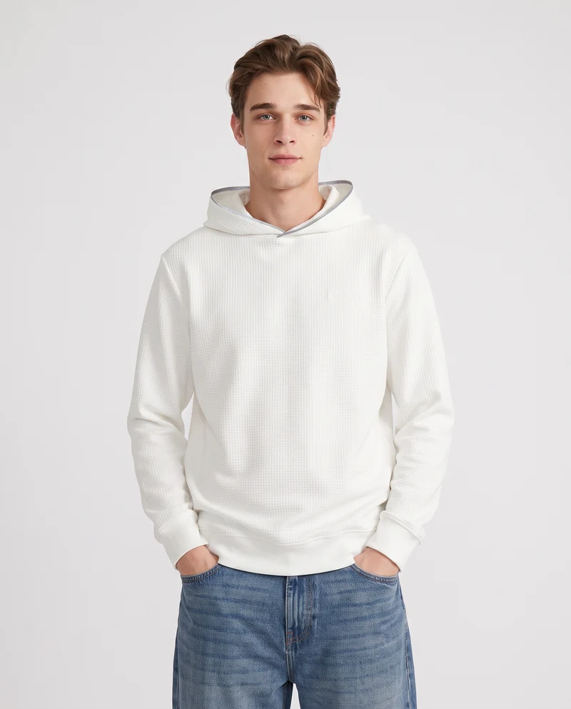 Felpa Jacquard con Cappuccio e Stampa - Bianco