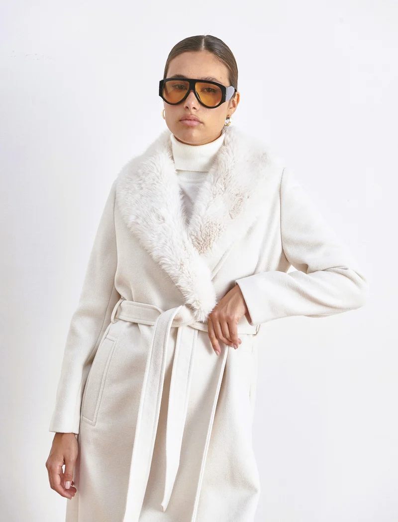 CAPPOTTO LUNGO CON COLLO IN FINTA PELLICCIA - Bianco gesso
