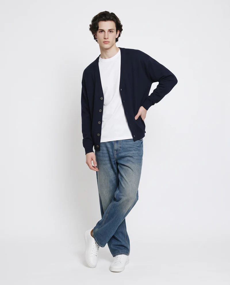 Maglia Cardigan con Scollo a V e Bottoni - Blu