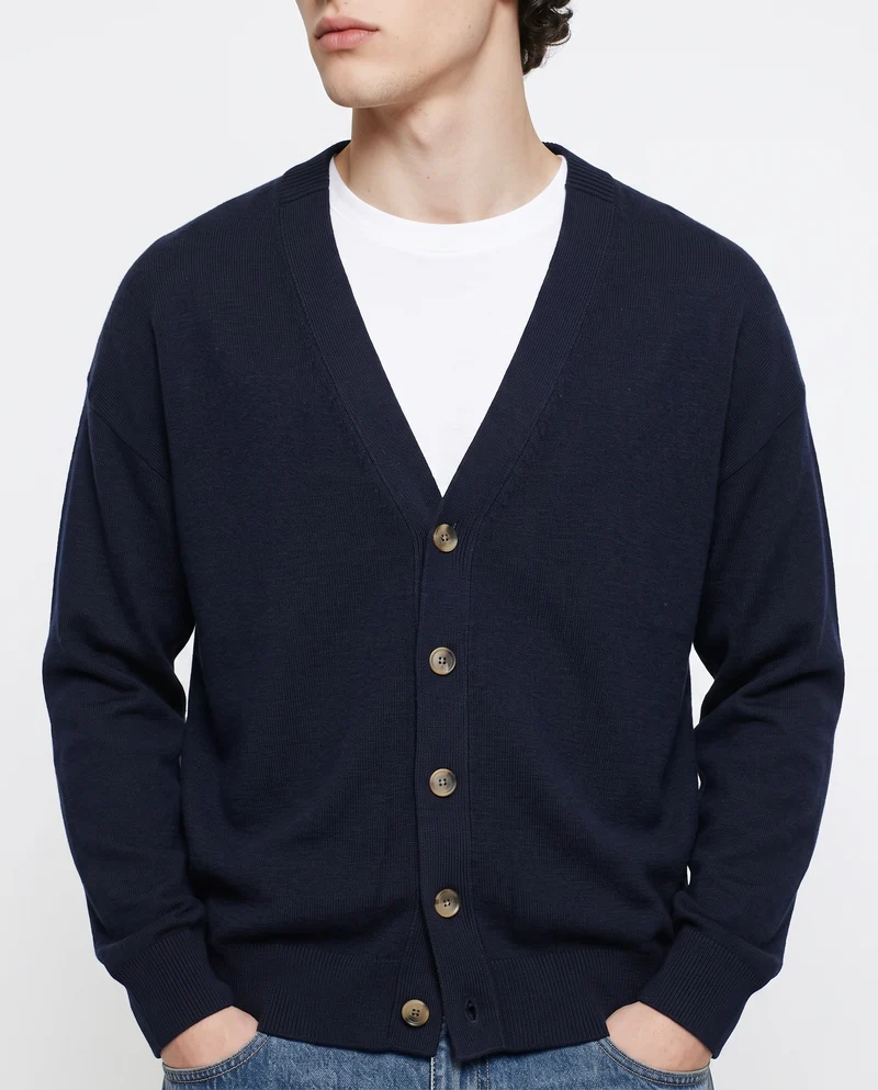Maglia Cardigan con Scollo a V e Bottoni - Blu