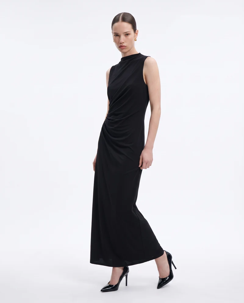 Vestito lungo drappeggiato con spacco - Nero