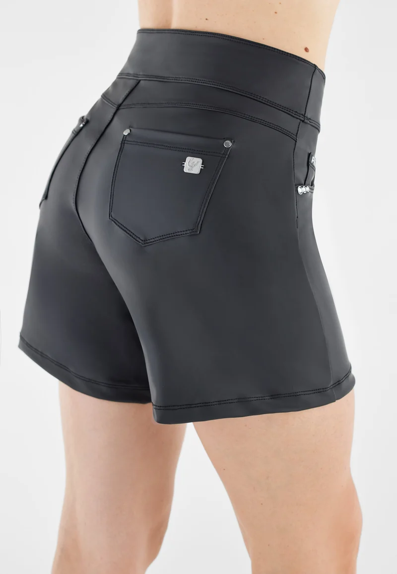 N.O.W. Yoga Mid Waist Shorts Vegan Leather Pant Shorts - Black
