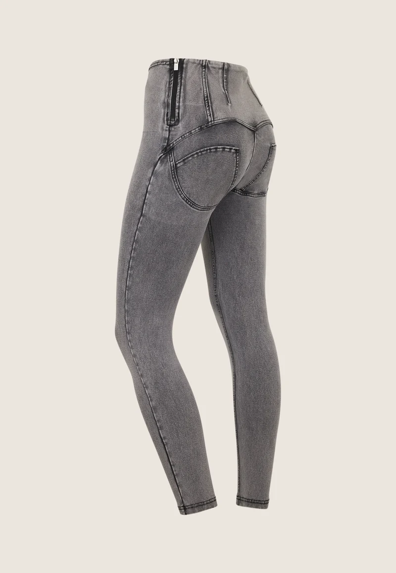 WR.UP Push-Up High Waist Skinny 7/8 Denim Jeans With Stud Ring Waist Band - Denim Gray - Black Seam
