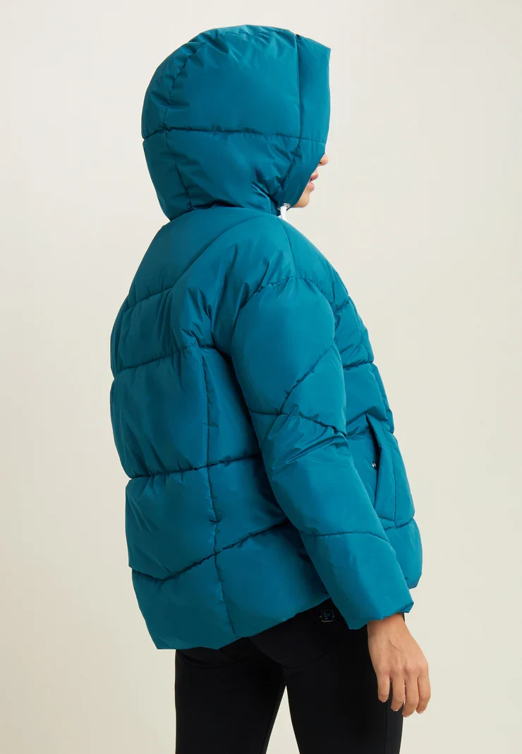 Women's reversible down jacket with adjustable hood - Turquoise & White