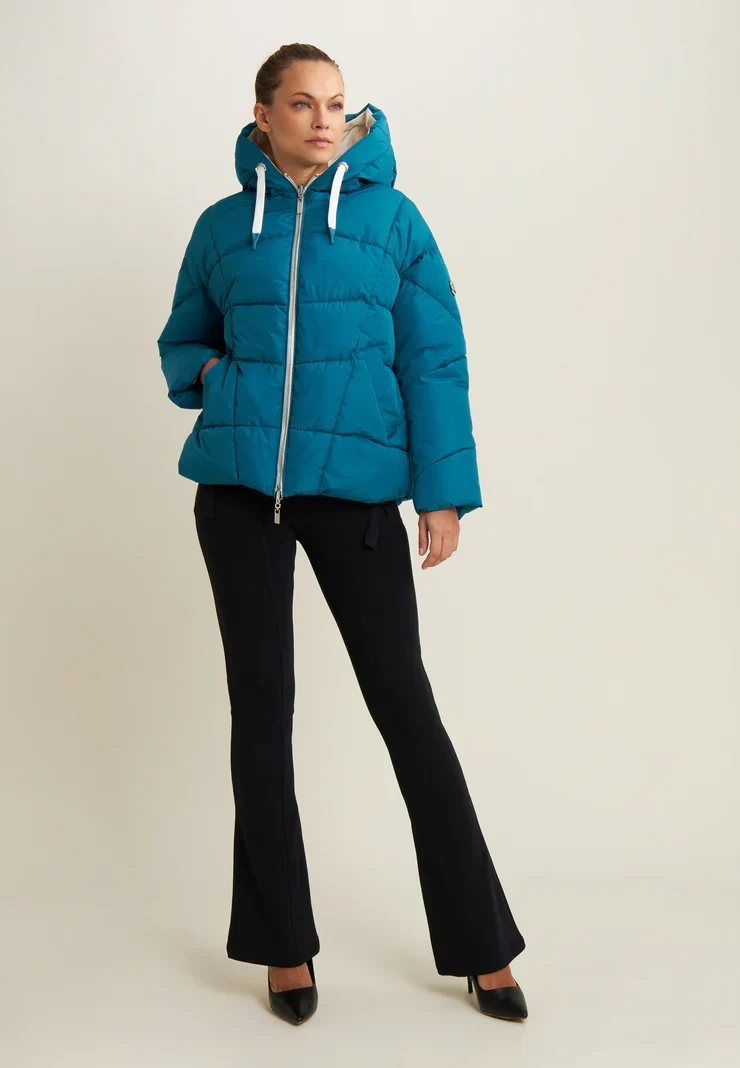 Women's reversible down jacket with adjustable hood - Turquoise & White