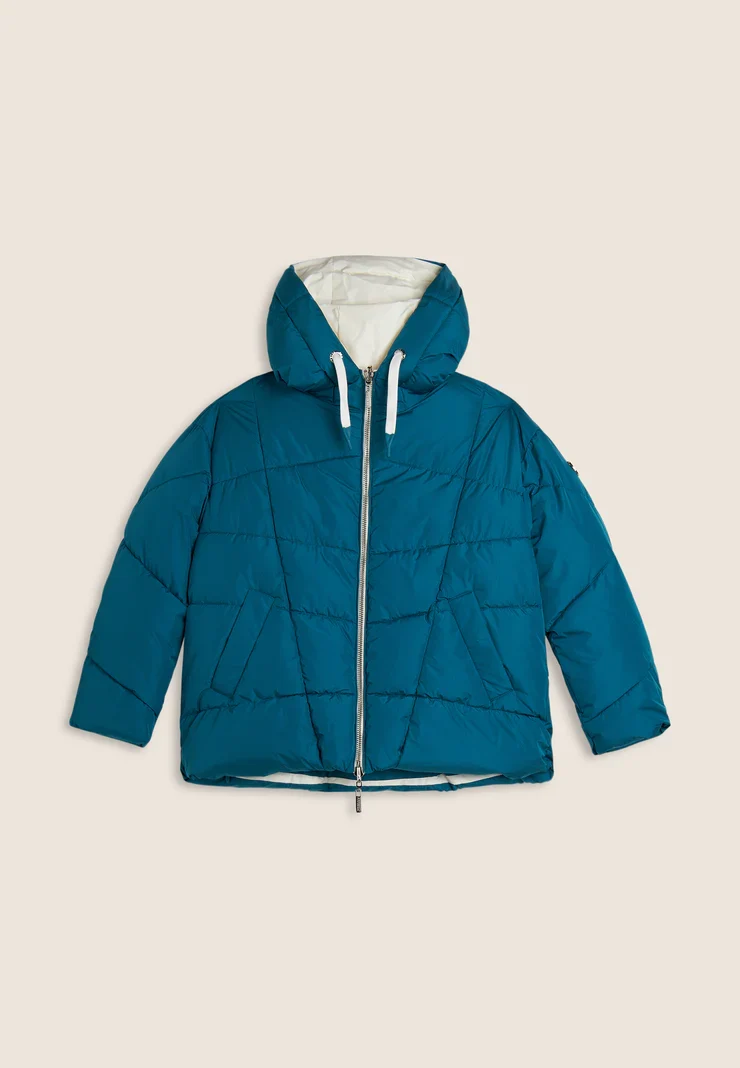 Women's reversible down jacket with adjustable hood - Turquoise & White