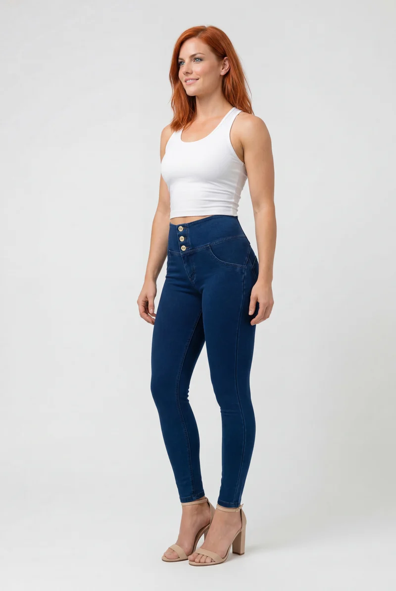 WR.UP Push-Up Button High Waist Skinny Denim Jeans - Denim Dark Blue - Blue Seam