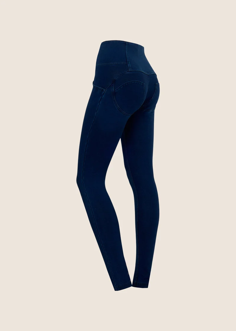 WR.UP Push-Up Button High Waist Skinny Denim Jeans - Denim Dark Blue - Blue Seam