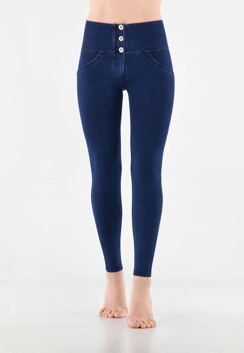 WR.UP Push-Up Button High Waist Skinny Denim Jeans - Denim Dark Blue - Blue Seam