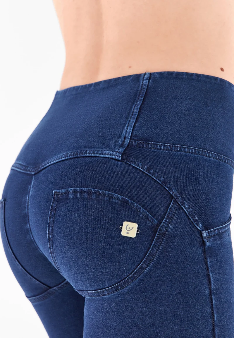 WR.UP Push-Up Button High Waist Skinny Denim Jeans - Denim Dark Blue - Blue Seam