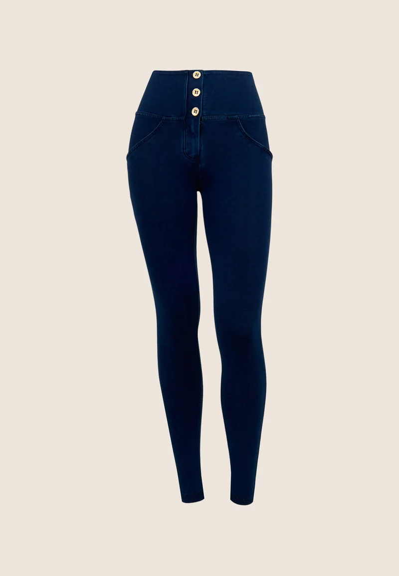 WR.UP Push-Up Button High Waist Skinny Denim Jeans - Denim Dark Blue - Blue Seam