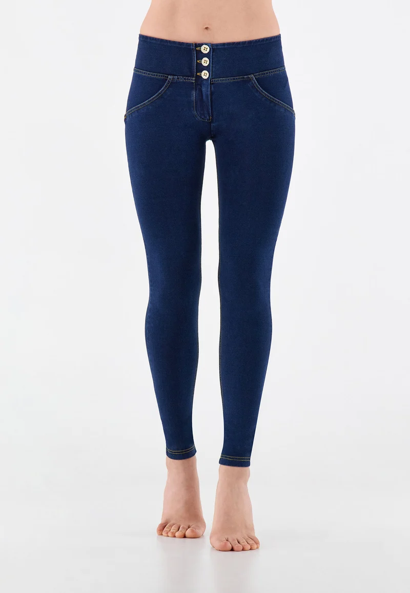 WR.UP Push-Up Mid Waist Skinny Denim Jeans - Denim Dark Blue - Yellow Seam