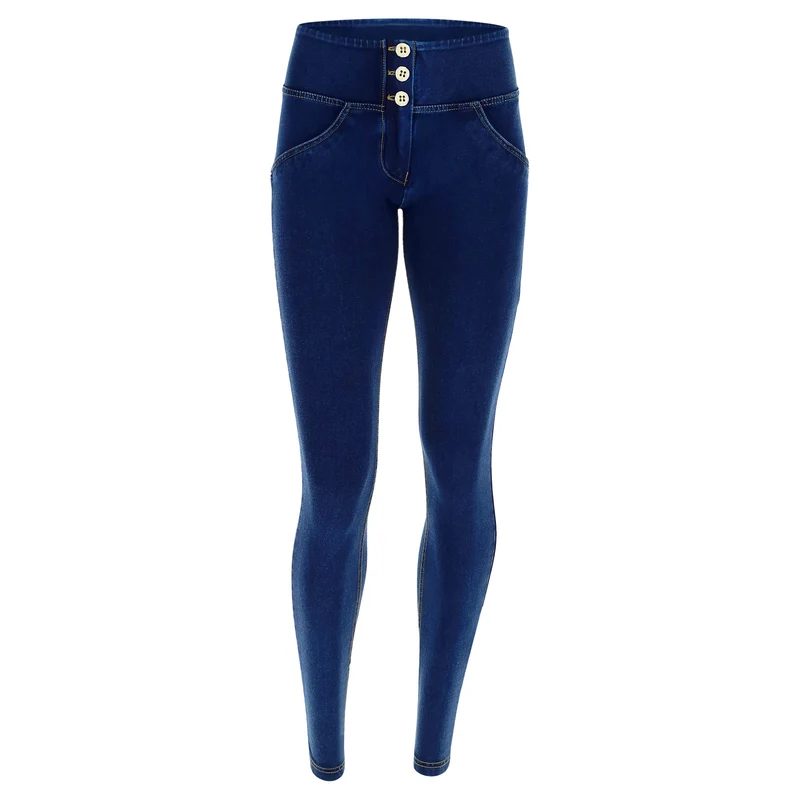 WR.UP Push-Up Mid Waist Skinny Denim Jeans - Denim Dark Blue - Yellow Seam