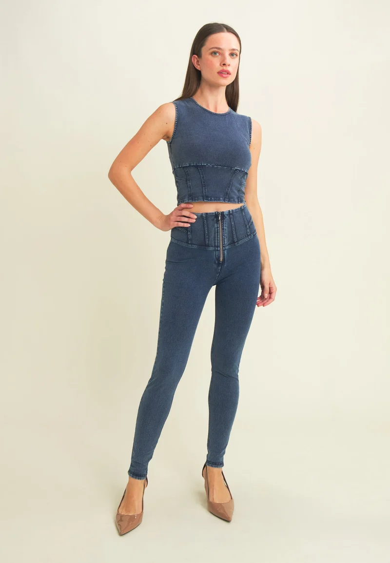 WR.UP Push-Up High Waist Skinny Denim Jeans Marble Dyed - Skyline Med. Blue - Blue Seam