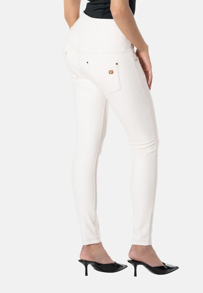 N.O.W. Yoga High Waist Skinny Vegan Leather Pant With Crossed Waist Band - White Sand