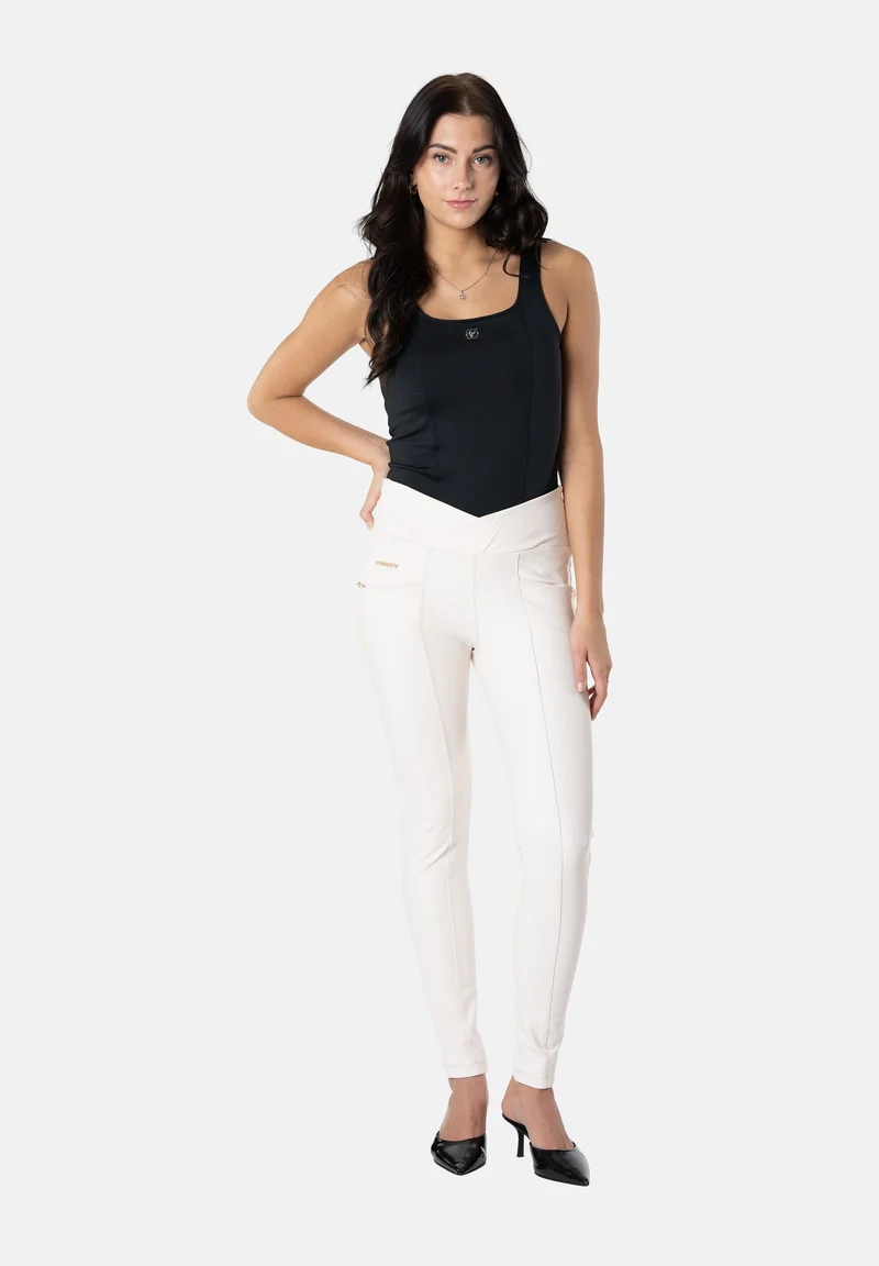 N.O.W. Yoga High Waist Skinny Vegan Leather Pant With Crossed Waist Band - White Sand