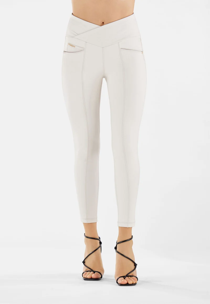 N.O.W. Yoga High Waist Skinny Vegan Leather Pant With Crossed Waist Band - White Sand