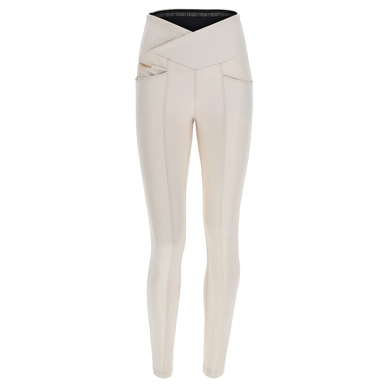 N.O.W. Yoga High Waist Skinny Vegan Leather Pant With Crossed Waist Band - White Sand
