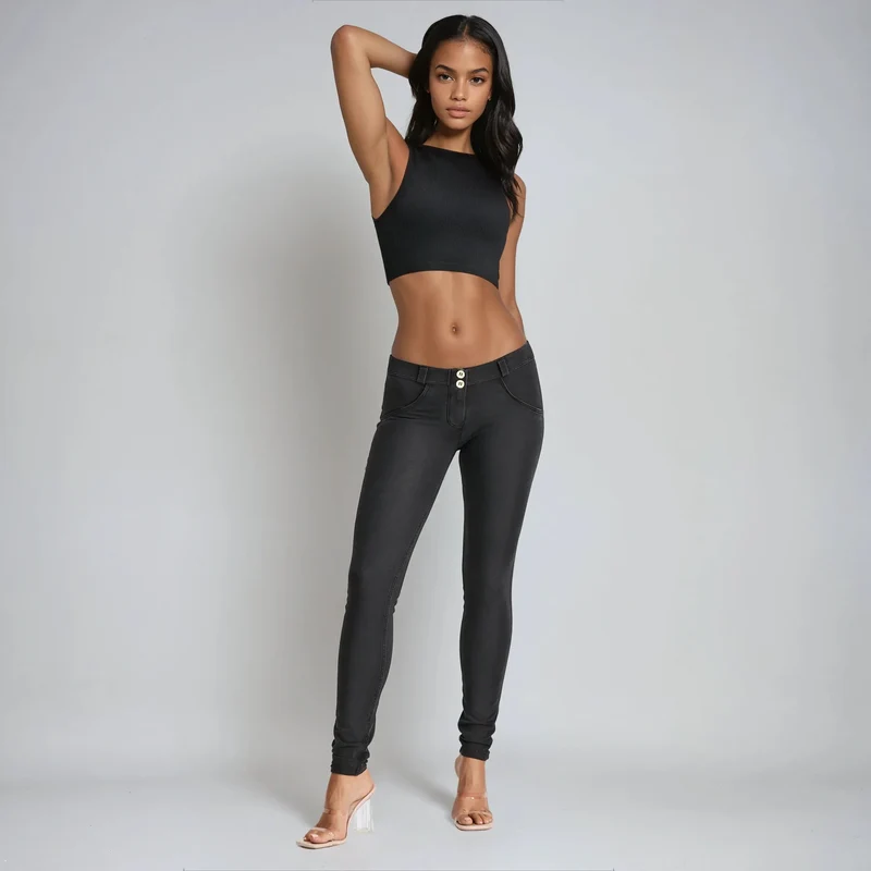 WR.UP Push-Up Low Waist Skinny Denim Jeans - Denim Black - Black Seam