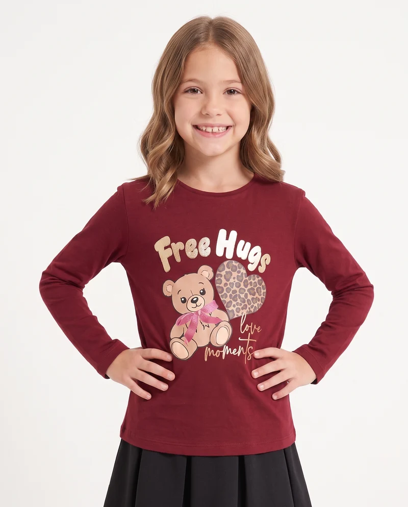 T-Shirt manica lunga con stampa colorata - Bordeaux