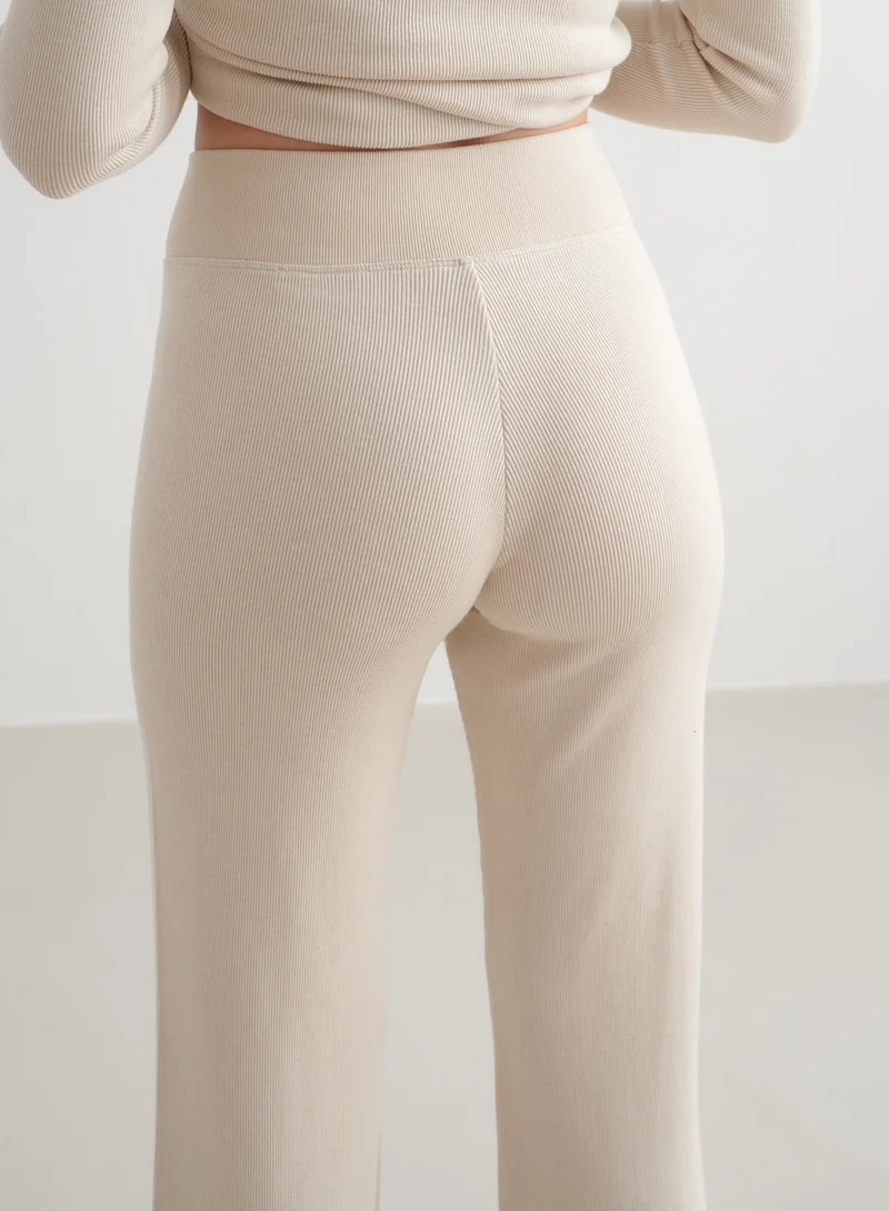 Café Au Lait Ribbed Wool Wide Pants