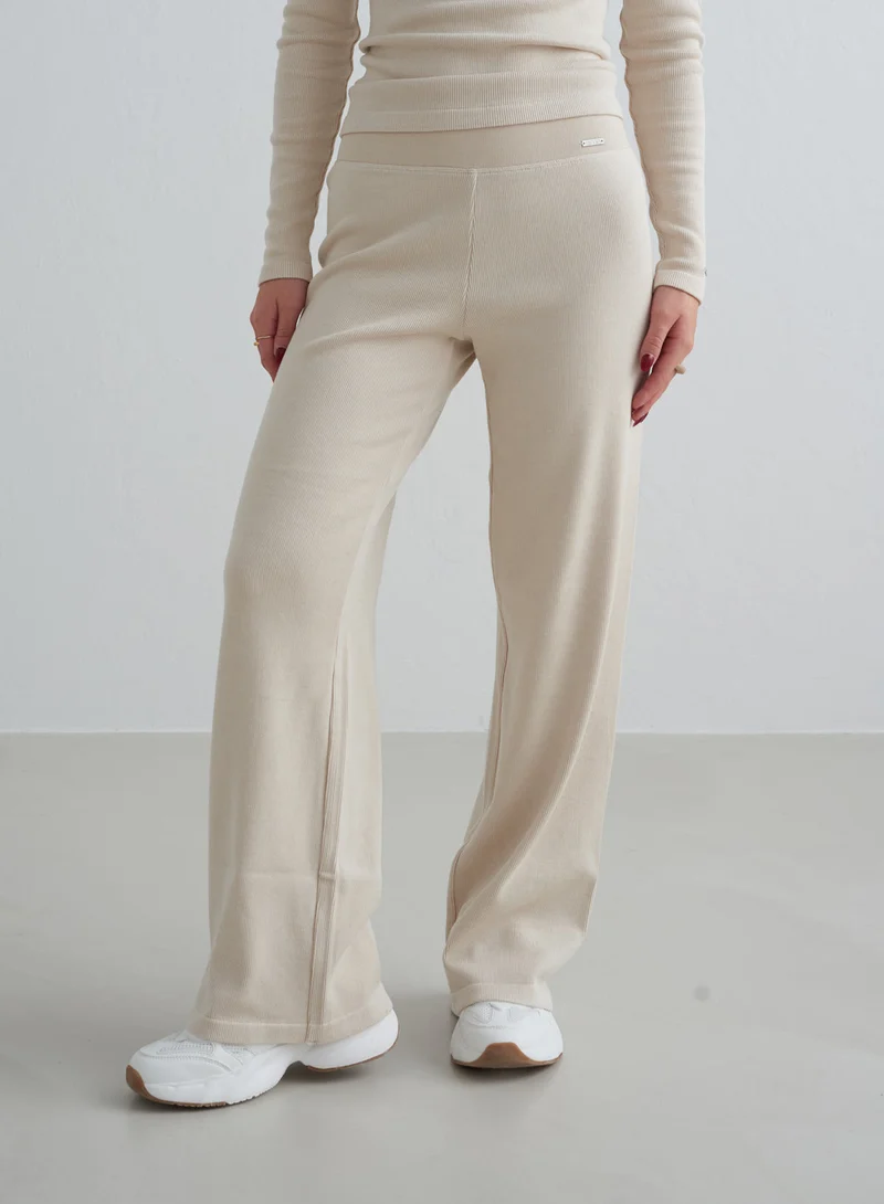 Café Au Lait Ribbed Wool Wide Pants