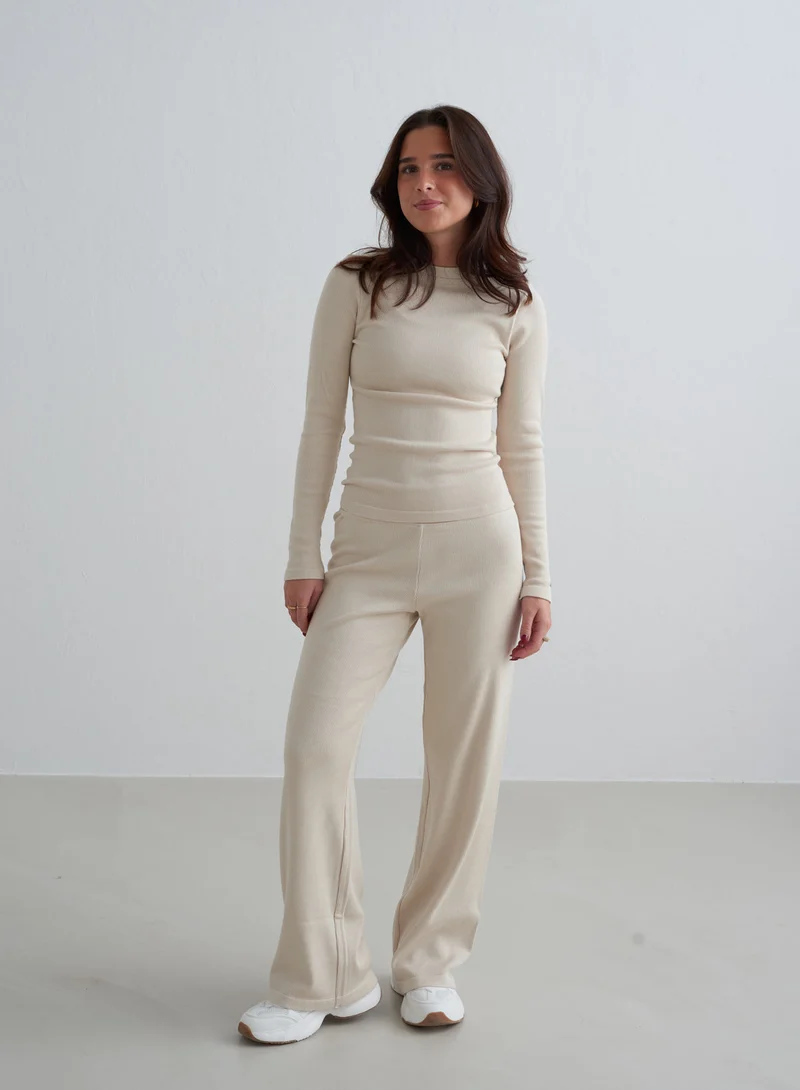 Café Au Lait Ribbed Wool Wide Pants