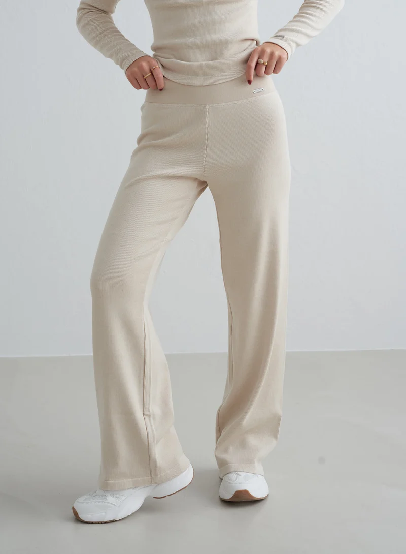 Café Au Lait Ribbed Wool Wide Pants