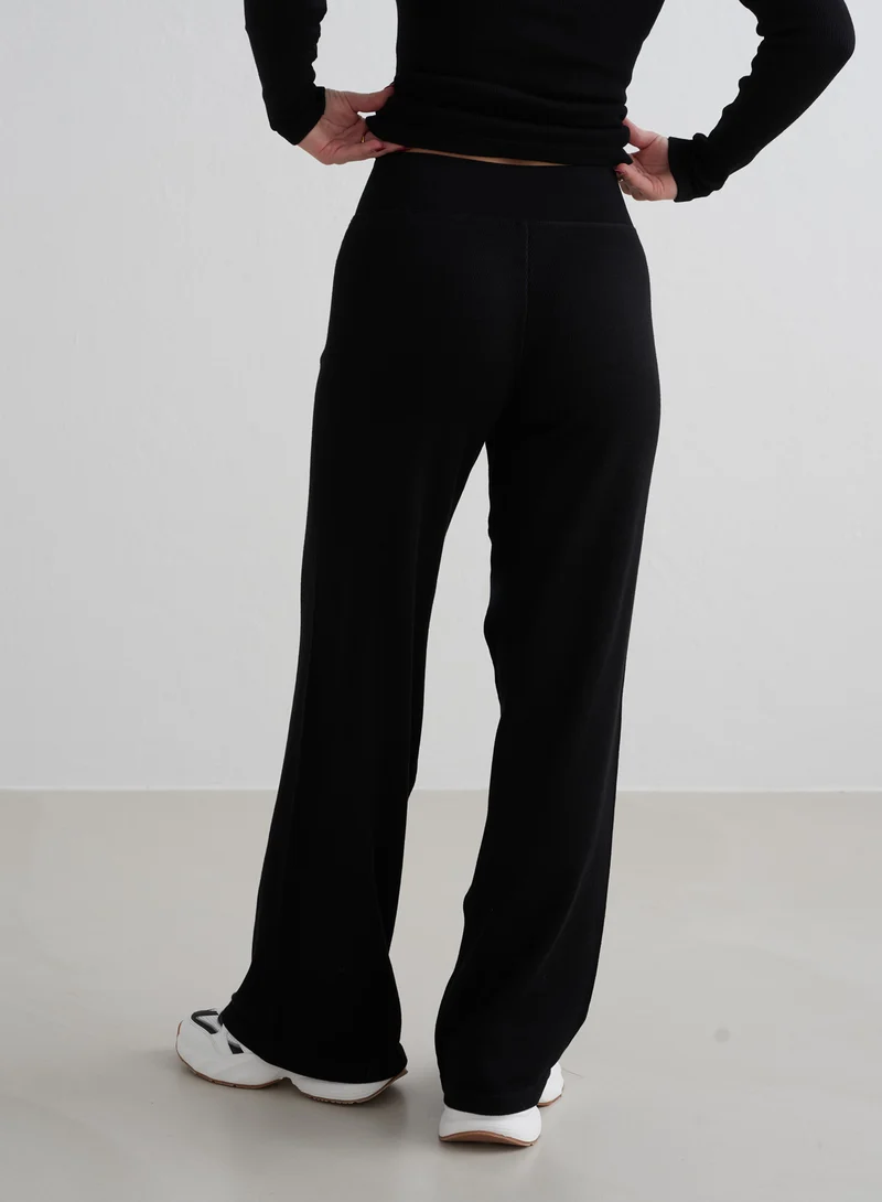 Black Ribbed Wool Wide Pants