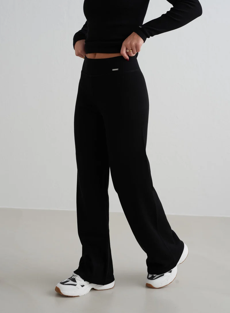 Black Ribbed Wool Wide Pants