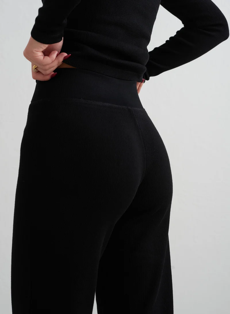 Black Ribbed Wool Wide Pants