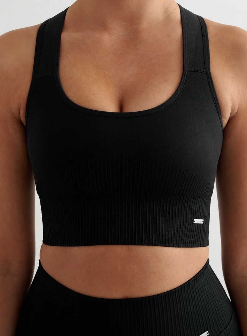 Black Ribbed Seamless High Support Bra