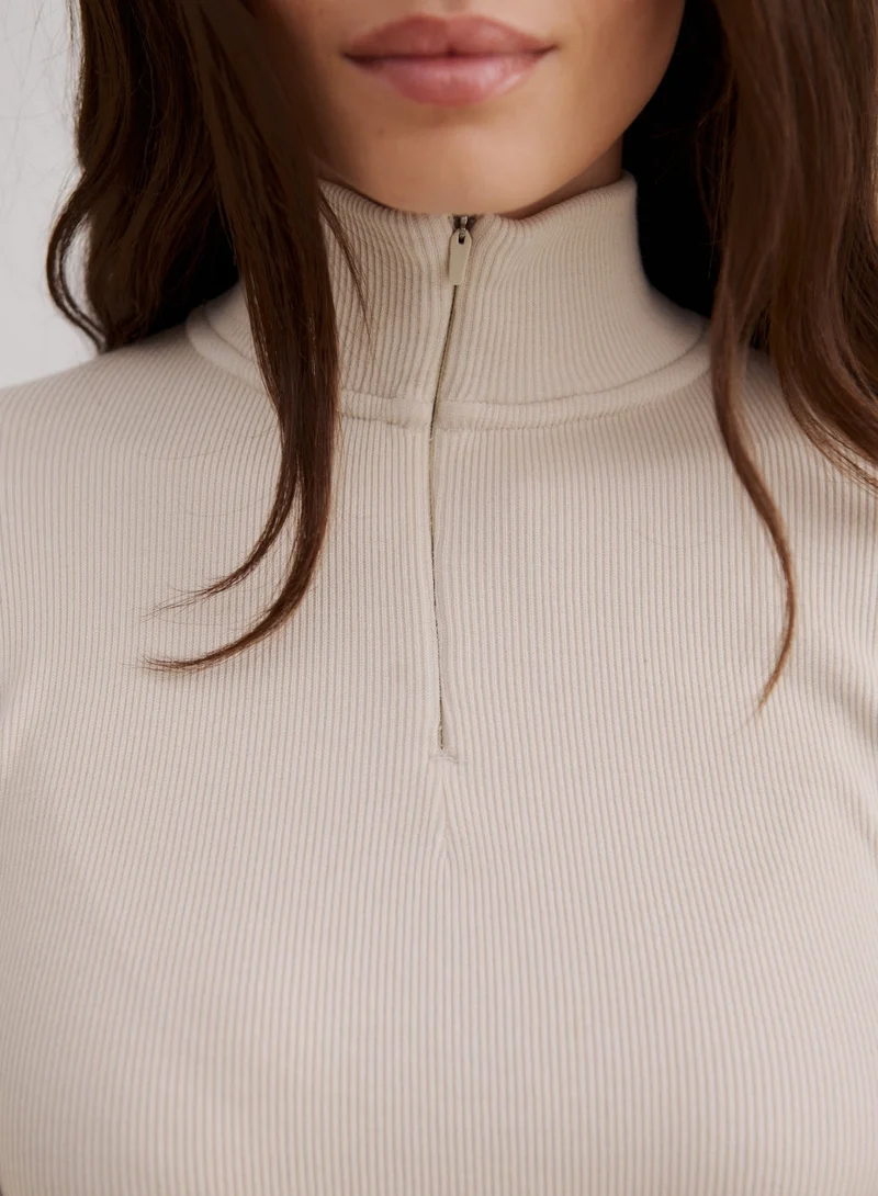 Café Au Lait Ribbed Wool Half Zip