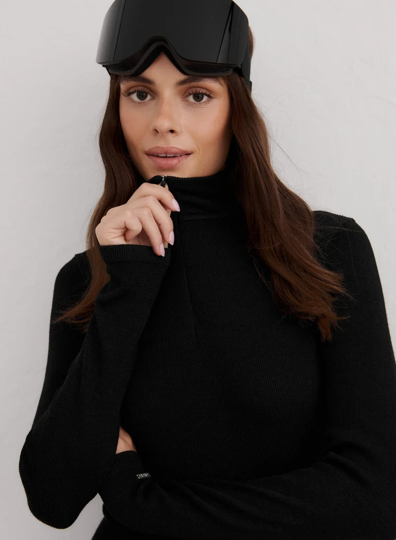 Black Ribbed Wool Half Zip