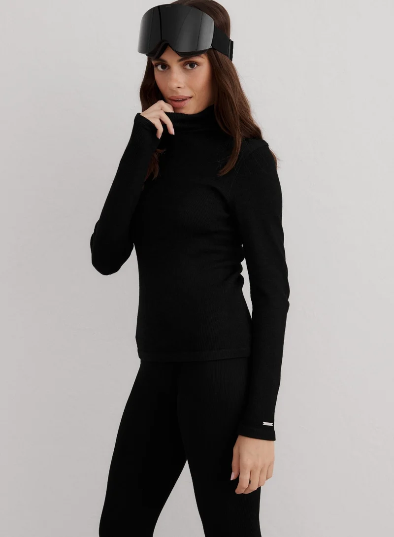 Black Ribbed Wool Half Zip