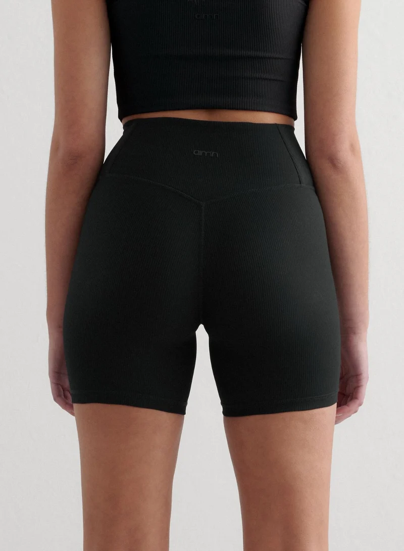 Black Ribbed Performance Midi Biker Shorts