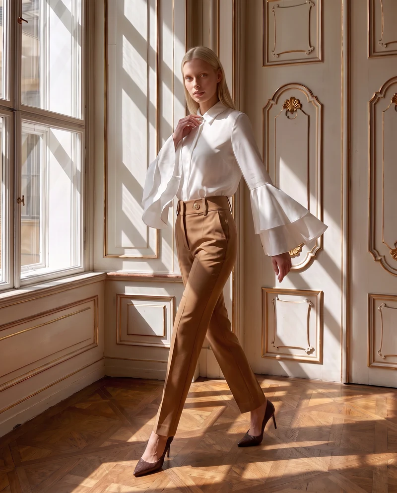 Camicia in georgette con inserti in raso e maniche a volant - Bianco latte