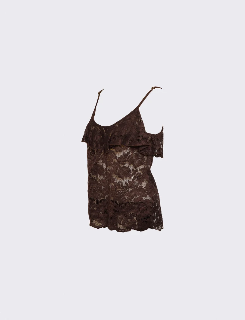 Top in pizzo con balza sullo scollo e bretelle regolabili - Moro