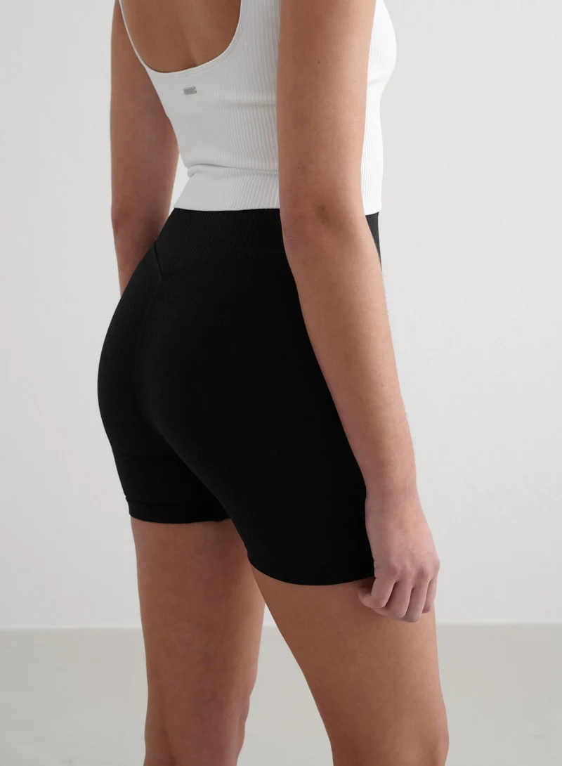 Black Ribbed Seamless Midi Biker Shorts