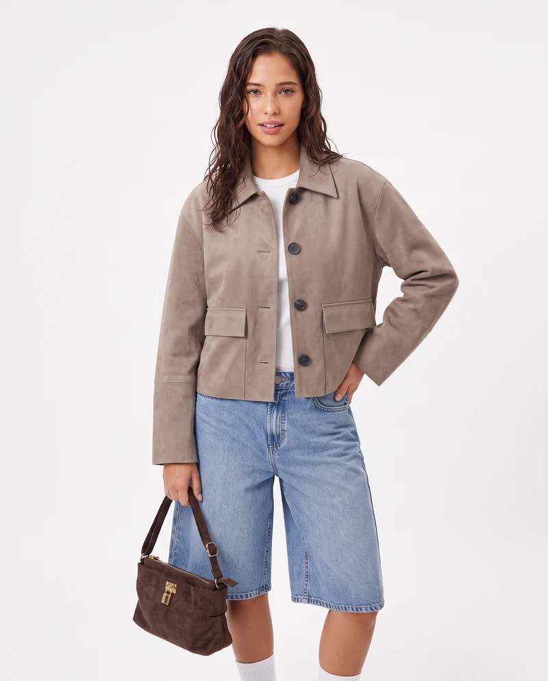 Giacca in suede con colletto e tasche - Beige grano