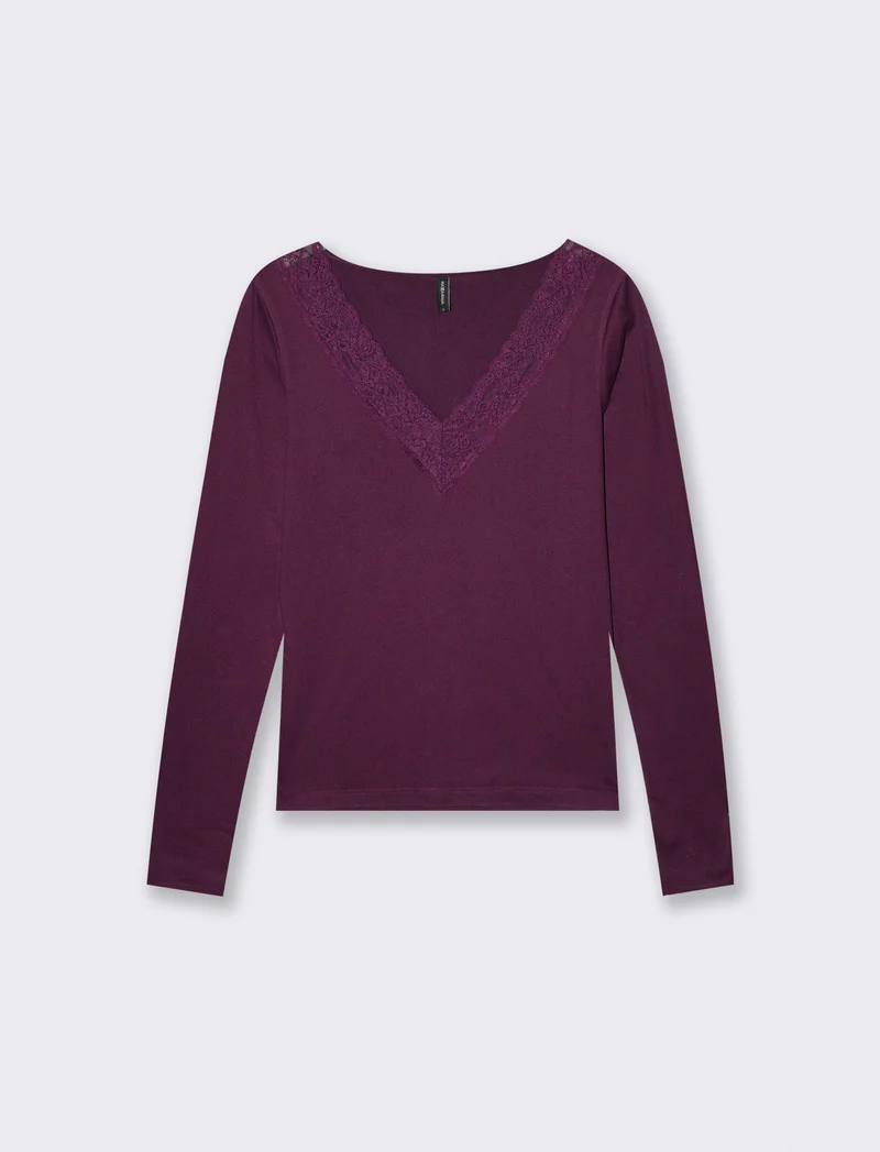 T-shirt manica lunga scollo a V - Bordeaux
