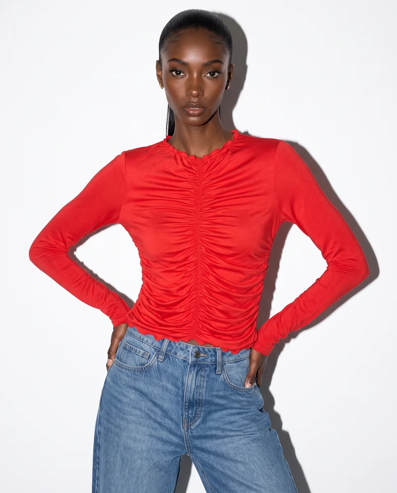 T-shirt arricciata a manica lunga - Rosso