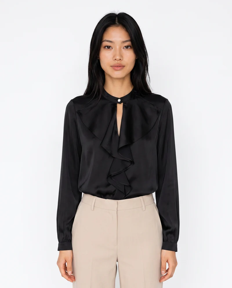 Casacca collo coreano con rouches eleganti - Nero