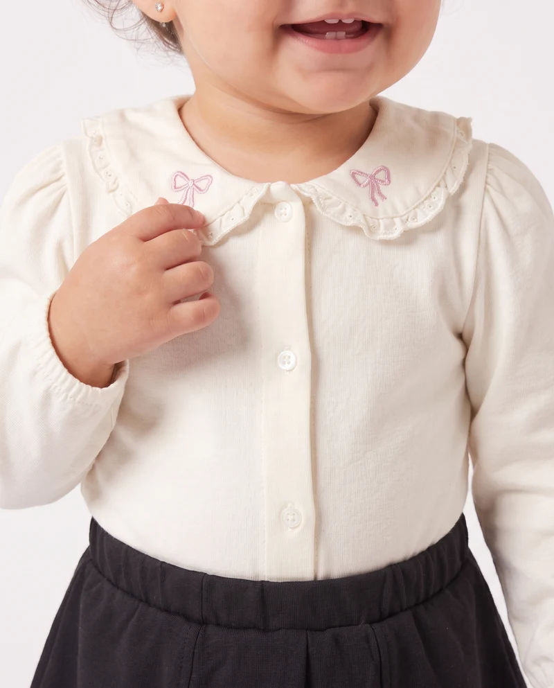 Body in jersey con colletto e ricami - Bianco latte