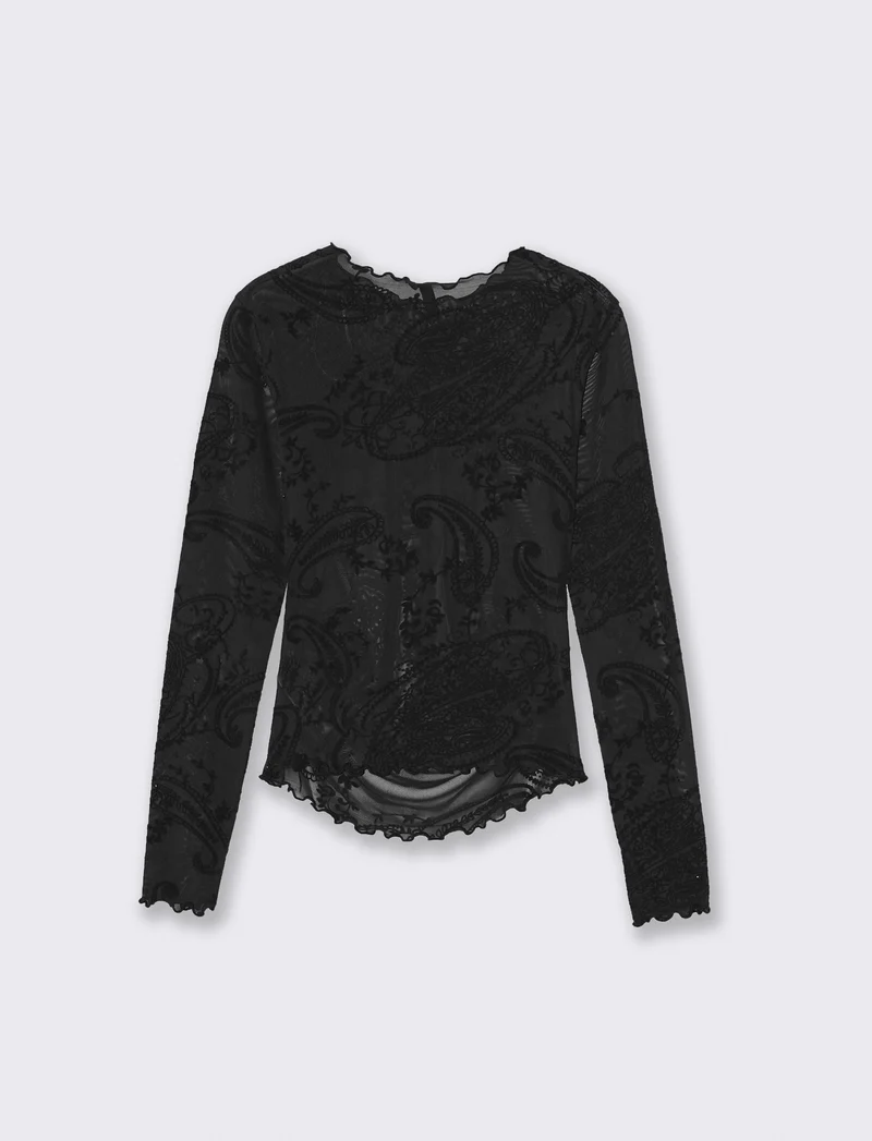 T-shirt in rete con arriccio e stampa flock - Nero