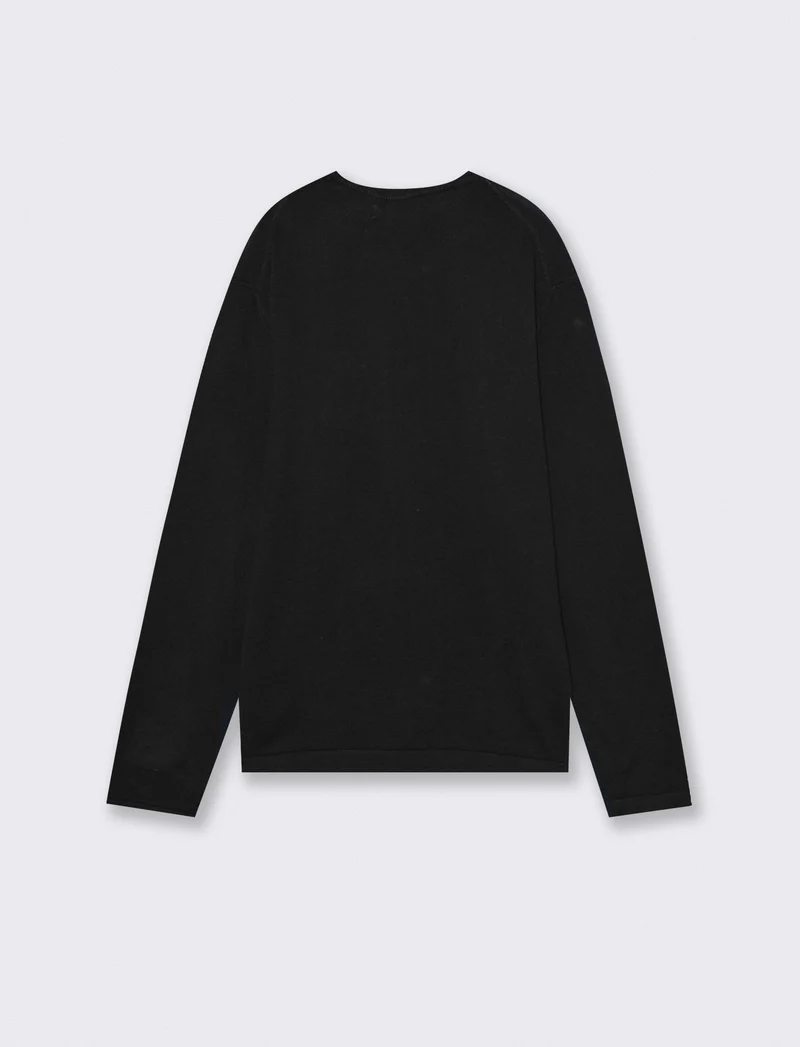 Maglia girocollo in misto viscosa con costina - Nero