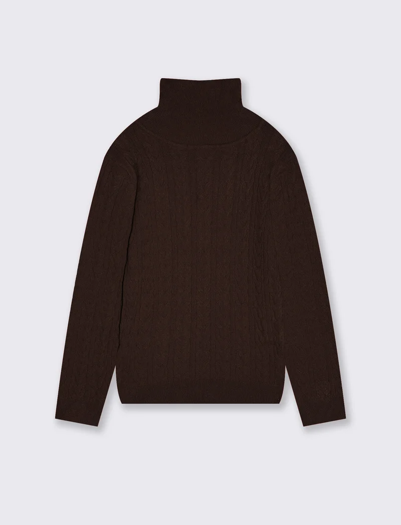 Maglia collo alto con trecce morbide - Marrone cioccolato