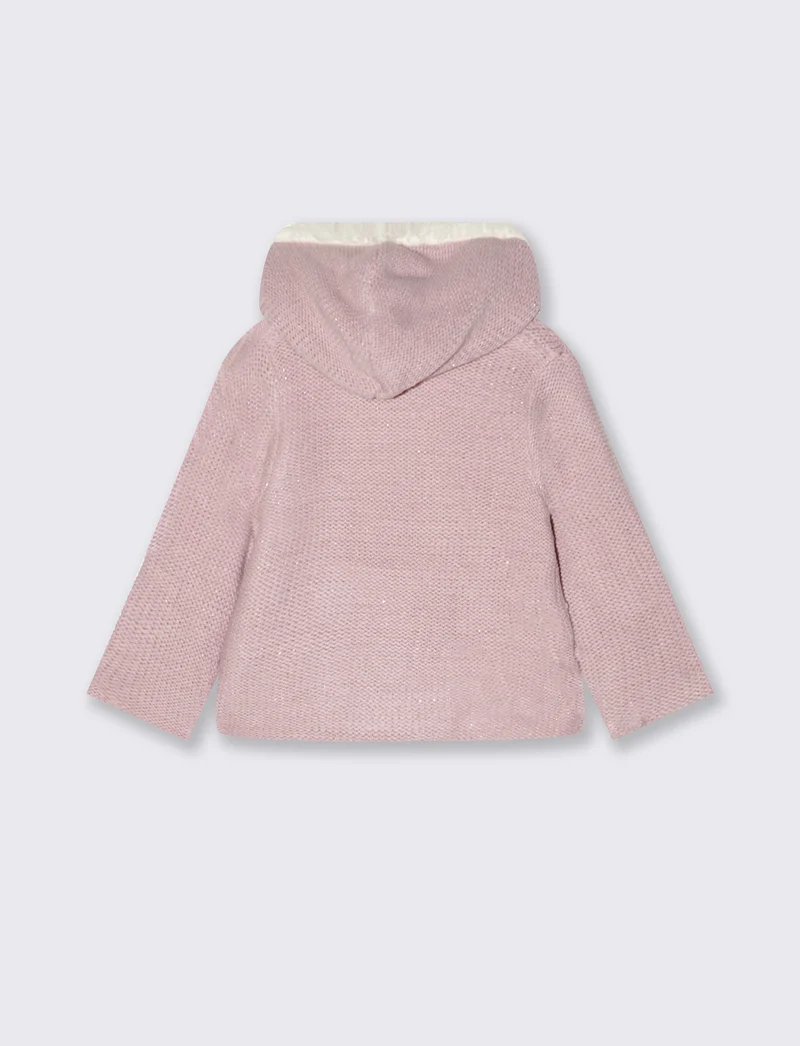 Cardigan con cappuccio e pelliccia morbida - Rosa polvere