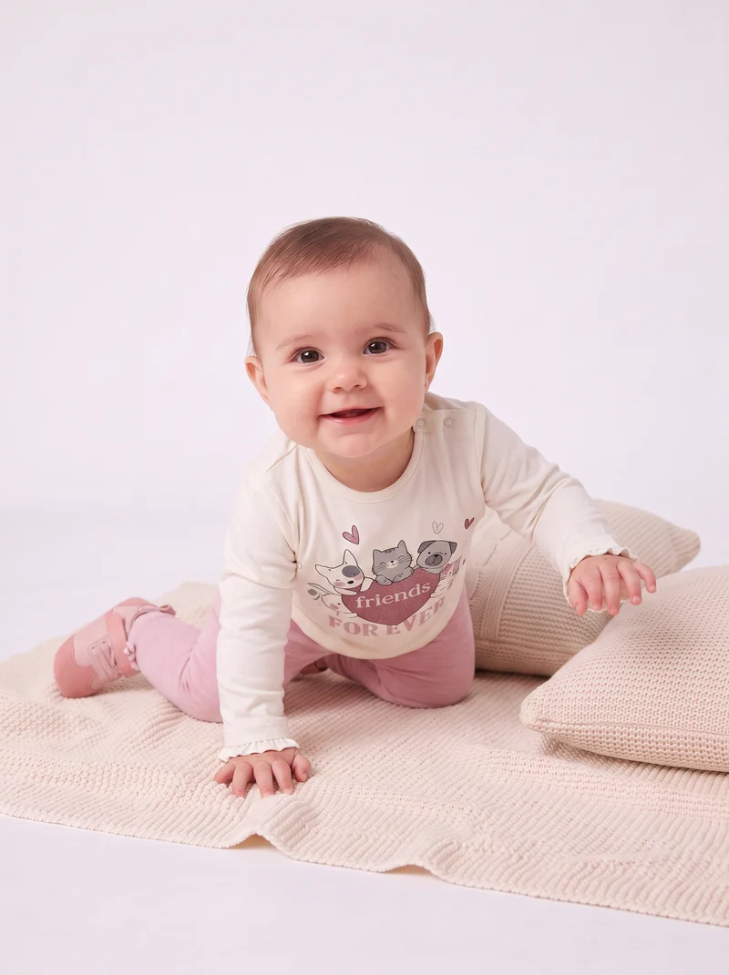 T-shirt a manica lunga con stampa e balza - Bianco latte